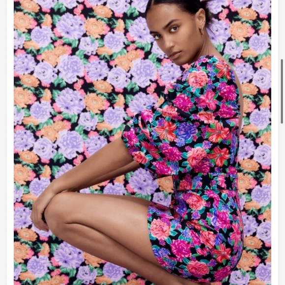 Zara Pink Floral Heart Neckline Puff Sleeve Belted Romantic Mini Dress NWT - Picture 7 of 16